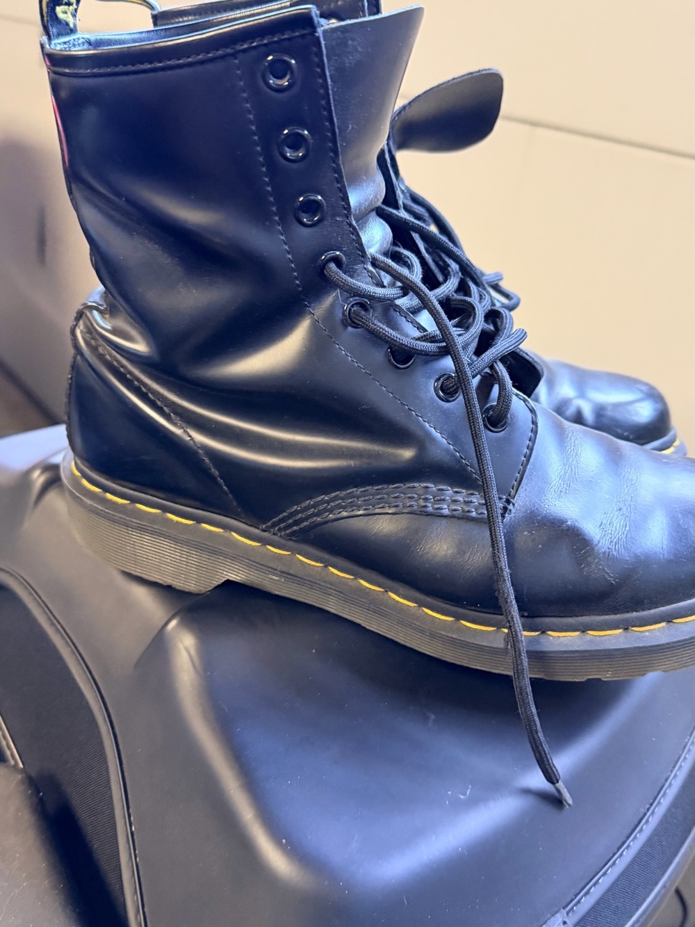 Dr. Martens Black Leather Lace-Up Boots with Yellow Stitching